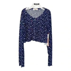 Kensie Girl Navy Blue Long Sleeve Floral Crop Top, Size 12